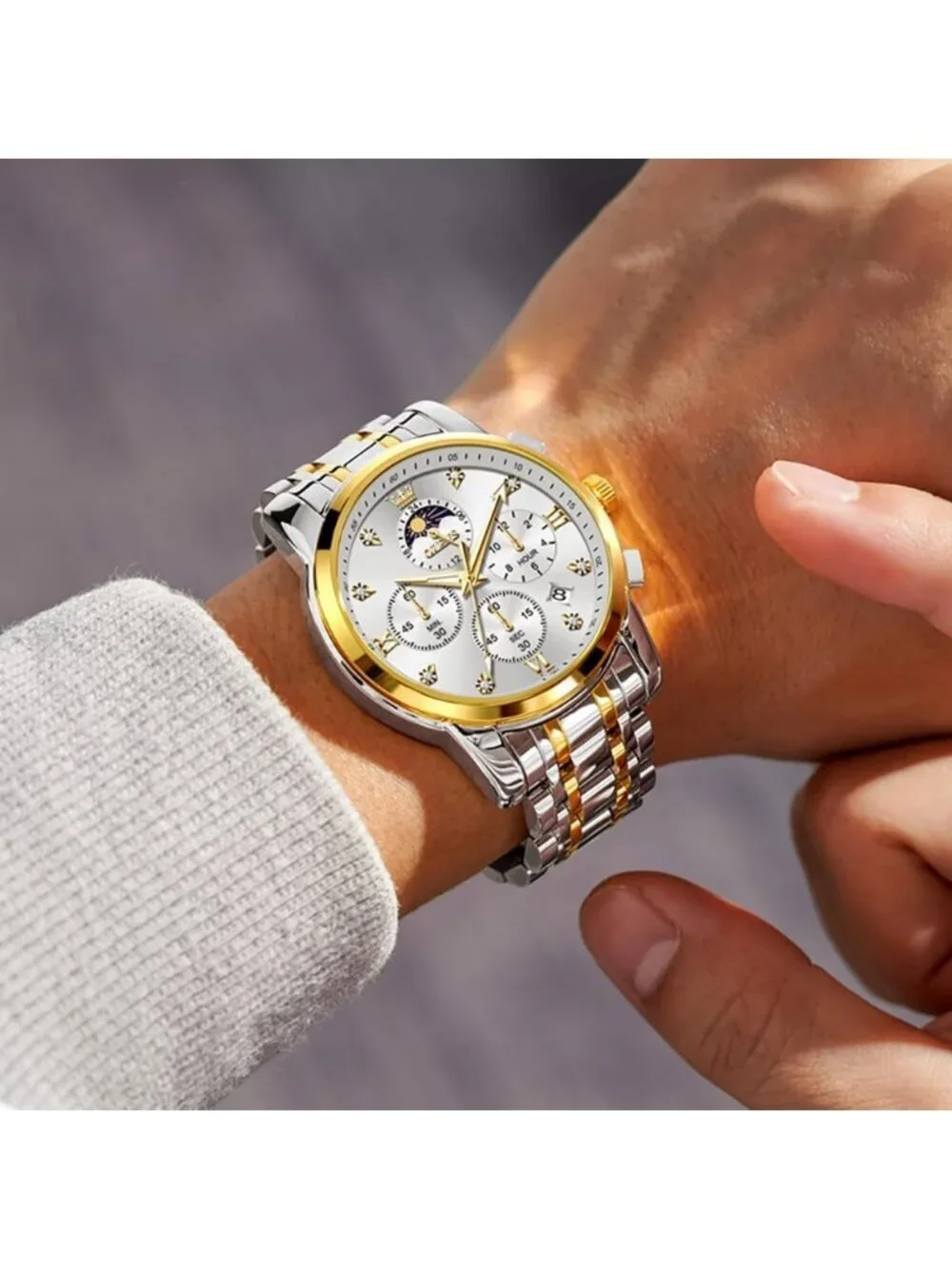 Men Silver Gold Diamond Analog Quartz Stainles Waterproof Luminous Classic Watch